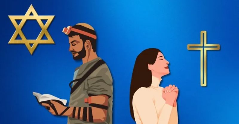 A Jewish man and a Christian woman pray.
